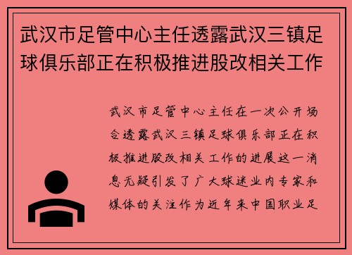 武汉市足管中心主任透露武汉三镇足球俱乐部正在积极推进股改相关工作进展